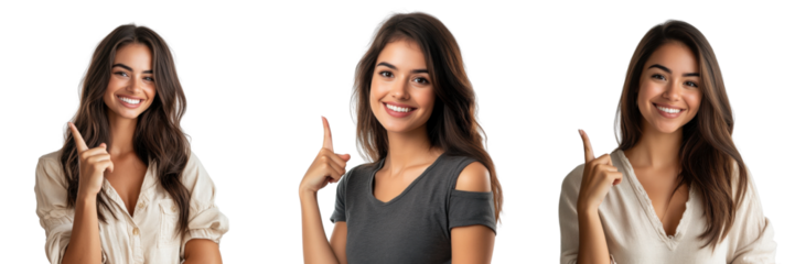 A Set of Cheerful Young Woman in Casual Outfit Exhibiting Joyful Expression and Friendly Gesture with Modern Style Isolated on Transparent Background