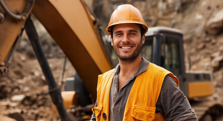 A cheerful construction worker in safety gear poses proudly in front of heavy machinery at a construction site under bright sunlight