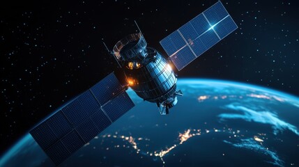 Satellite Orbiting Earth in Space, High Technology Image of Communication Satellite with Solar Panels Against Starry Night Background