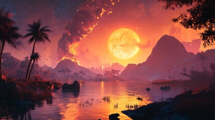 Landscape showcasing early Earths drastic environmental changes featuring volcanic eruptions massive flooding emergence of early lifeforms wide panoramic details illuminated by a glowing fiery sky