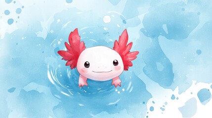 Cute cartoon axolotl with red fins swimming in a blue aquatic background, perfect for children's illustrations and educational materials on biodiversity