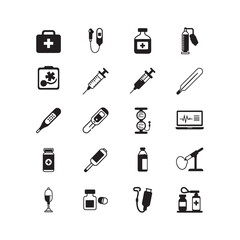 medical icons set vector elements design including stethoscope syringe medicine bottle hospital and pharmacy symbols