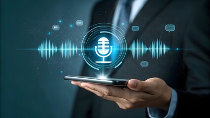 Business Professional Holding Smartphone with Microphone Icon and Sound Wave Graphics Representing AI Voice Recognition, Smart Assistant, and Modern Communication Technology