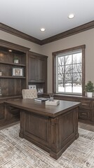 Dark wood home office with built-in shelving, desk, and window view.