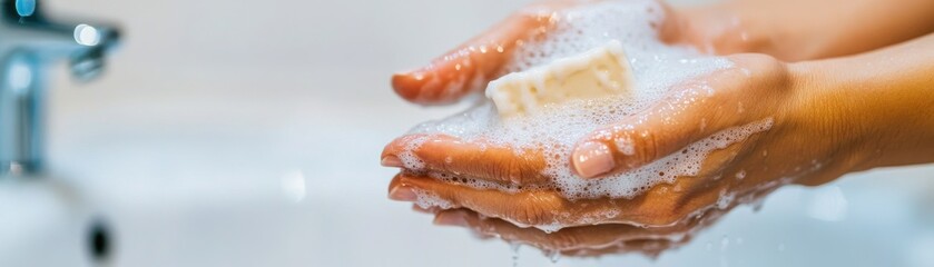 Hands washing with soap, emphasizing hygiene and cleanliness in a modern environment.