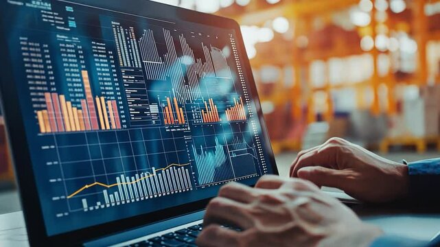 Two colleagues reviewing logistics data on a laptop, planning transportation improvements in a warehouse.