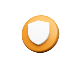 Orange icon with a white shield emblem, representing security and protection. 3D Illustration