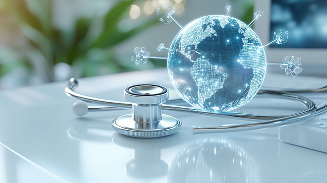 Digital globe with stethoscope symbolizes global healthcare innovation