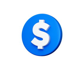 3d Blue circular button with a white dollar symbol in the center. 3D Illustration.