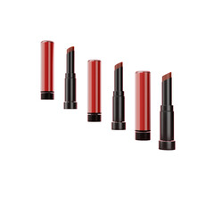 A set of Red lipsticks in black and red packaging, displayed in various stages. 3d illustration