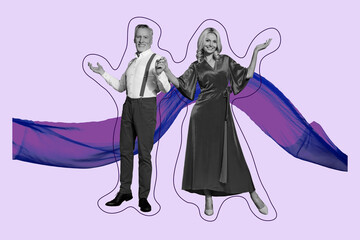 Creative sketch collage of two happy mature man woman couple dance together wear formal suit dress valentine day celebration