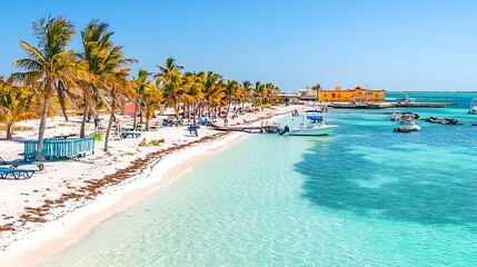 Obraz premium Tropical Beach with Palm Trees and Clear Blue Water in Belize