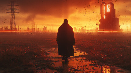 Hooded figure walks toward a dystopian cityscape at sunset, surrounded by industrial ruins, glowing lights, and falling debris