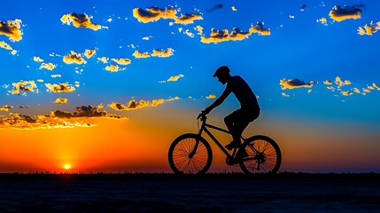 Obraz premium Silhouette of Biker Cycling Against Vibrant Sunset Sky Background