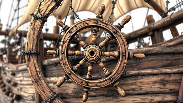 Close-up of a Wooden Ship's Wheel, Nautical Charm,  Vintage Sailing Vessel,  Detailed Craftsmanship, Maritime History