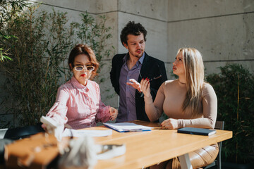 A diverse group of business people engaging in an outdoor meeting, exchanging ideas and collaborating on projects. The setting has a natural backdrop, enhancing the team's focus and creativity.
