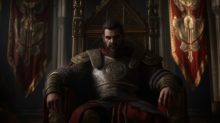 King on a throne, clad in regal armor in an imposing castle setting