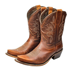 Stylish brown leather cowboy boots with intricate design on a transparent background, Brown leather cowboy boots isolated on transparent background