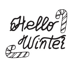 the text inscription hello winter is decorated with a decorative element candy cane on a white background. the basis for the design of postcards-stickers, fabrics, dishes .vector composition