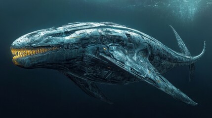 Fototapeta premium Mechanical Whale in Dark Blue Ocean Digital Art