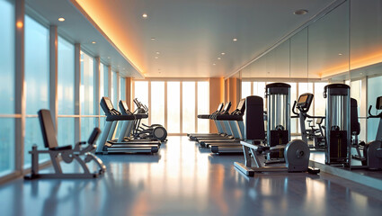 Fototapeta premium Modern fitness center with workout equipment and large windows during sunset in a high-rise building