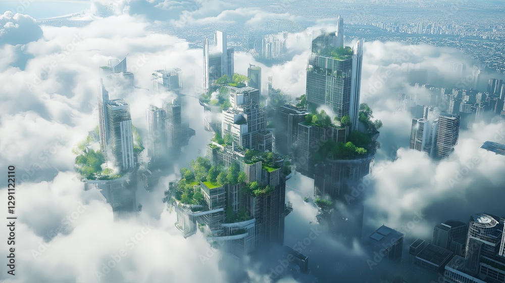 Fototapete A bird’s-eye view of a futuristic floating city in the clouds.