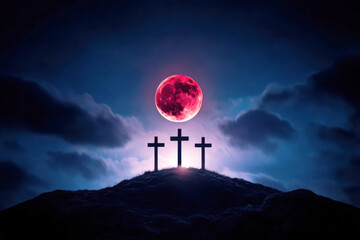 Three crosses on a hill under a blood moon. Silhouettes of three crosses beneath a red full moon.