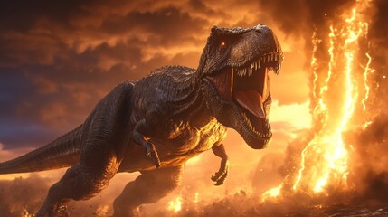 Powerful Tyrannosaurus Rex Roaring Amidst Fiery Volcanic Eruption and Lightning Storm