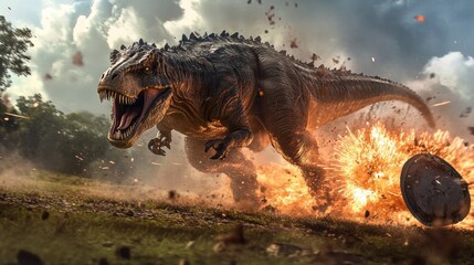 Powerful Tyrannosaurus Rex Running Through Exploding Landscape