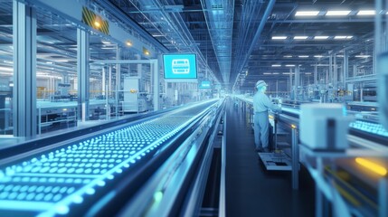 Obraz premium Worker Monitoring Automated Assembly Line in Modern Factory