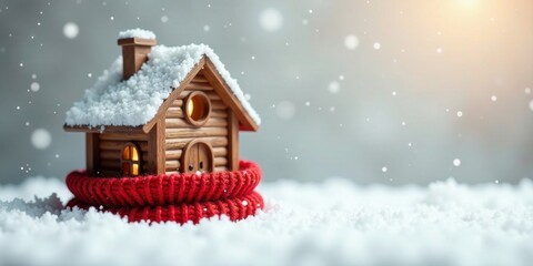 Naklejka premium Cozy Winter Cabin Scene A miniature log house nestled in a warm red knit scarf, surrounded by freshly fallen snow, evokes a sense of heartwarming holiday peace and comfort.