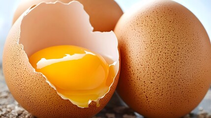 Fresh Cracked Egg with Bright Yellow Yolk Surrounded by Whole Eggs on Rustic Surface