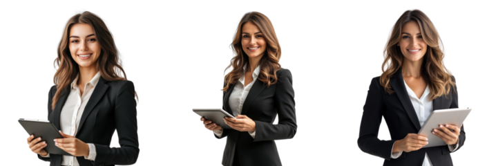 A Set of Dynamic Businesswoman with a Tablet Showcasing Innovative Spirit and Professional Charm in a Modern Style Isolated on transparent Background