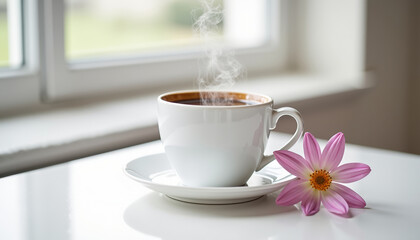 Steaming cup of coffee with pink flower on saucer, perfect for Women's Day coffee table decor