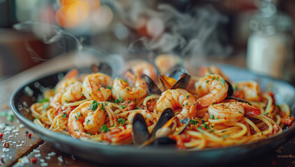Hot plate of spaghetti with large shrimp and mussels perfectly cooked pasta served with juicy flavorful pieces of seafood and a rich marinara sauce on the table.  Selective focus