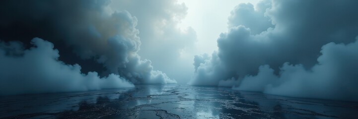 Obraz premium Dense dark smoky floor contrasted by billowing white fog above , thick, texture