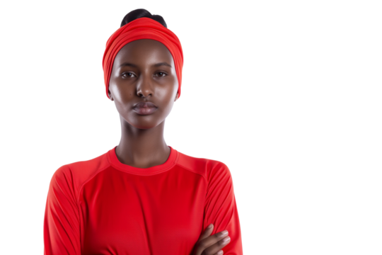Confident young Somali female athlete in track gear isolated on transparent white background - Powered by Adobe