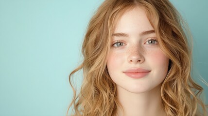 Fototapeta premium Portrait of Young Woman with Freckles and Curly Blond Hair Against Pale Blue Background