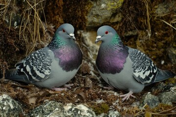 Fototapeta premium Two Pigeons Nestling in Rocks