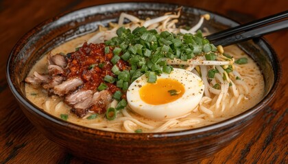 Rich Tonkotsu Ramen with Pork, Egg and Vegetables