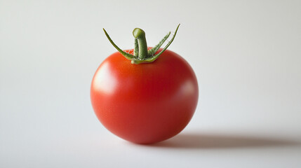 A single cherry tomato with a fresh green stem set on