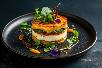 Delicious Potato Gratin with Spinach Ricotta Layers A Gourmet Dish Served on a Dark Plate