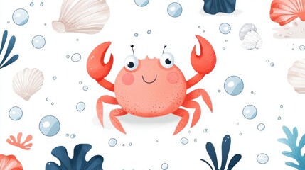Fototapeta premium Playful Cartoon Crab Surrounded by Seashells, Bubbles, and Underwater Plants on a Light Background for Fun Ocean-themed Designs and Illustrations