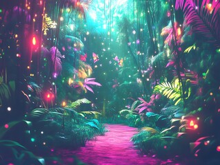 Enchanted jungle path illuminated by colorful lights and butterflies amidst lush greenery