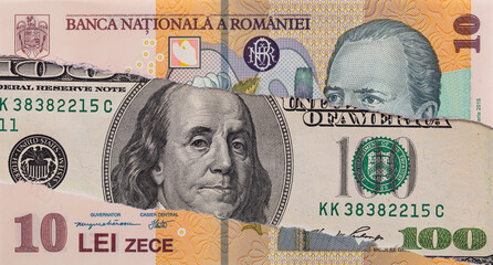 100 dollar banknote through torn 10 Romanian Lei banknote