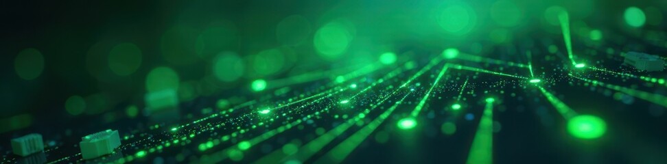 Obraz premium Abstract green and blue tech circuitry, glowing nodes, green, graphic, reality