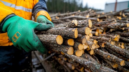 Obraz premium Worker in green gloves handling logs forest location industry work outdoor environment close-up view timber processing concept