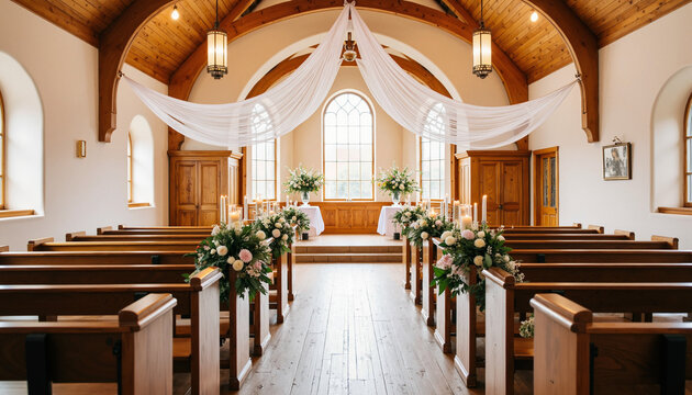 Serene wedding chapel interior with floral decorations