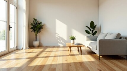 Sunlight streams into a minimalist living room, illuminating a light grey sofa, a wooden coffee table, and potted plants, creating a serene and inviting atmosphere.