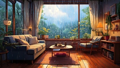 A cozy anime-style library with towering bookshelves, wooden desks, and large windows showing raindrops trickling down the glass